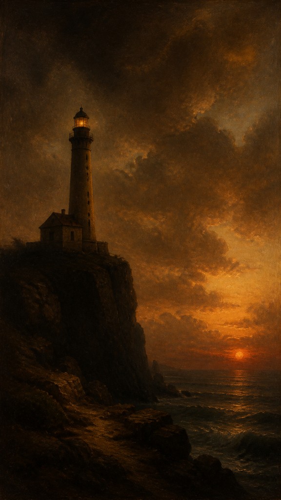a lone lighthouse on a cliff at dusk under a dramatic sky, no text or lettering