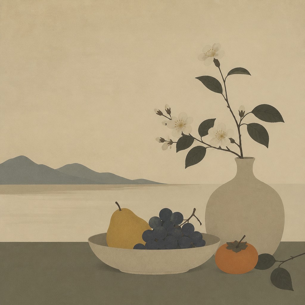 still life arrangement of fruits and flowers