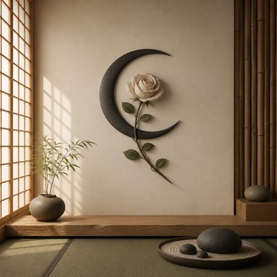 a rose entwined with a crescent moon, clean balanced composition on a plain background, no text