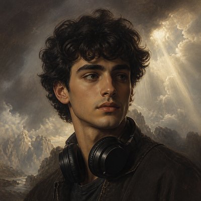 head-and-shoulders portrait of an original character: a young man with curly dark hair and headphones around his neck, plain backdrop, no text