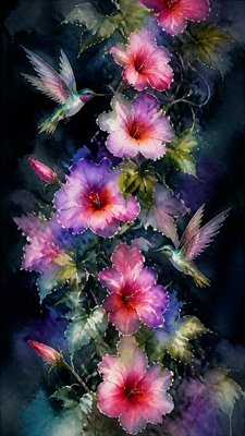 a climbing vine of flowers and hummingbirds on a dark background, tall wrapping composition, no text