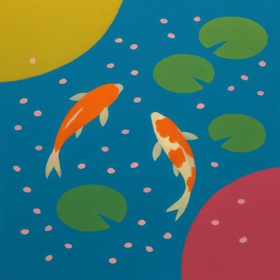 A koi pond seen from above, orange and white koi fish swimming among lily pads, clear water with subtle ripples, fallen cherry blossom petals floating on the surface, dappled sunlight