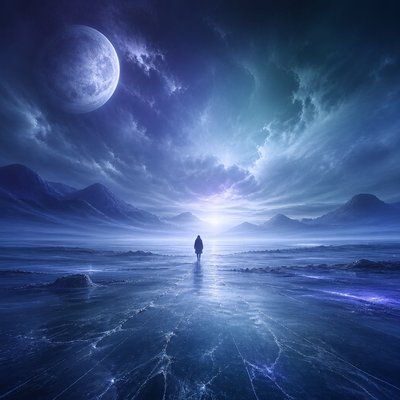 a solitary figure walking toward a glowing horizon across an empty plain, moody atmosphere, no text or lettering