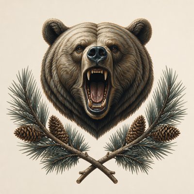 a roaring bear head above crossed pine branches, bold graphic composition on a plain background, no text