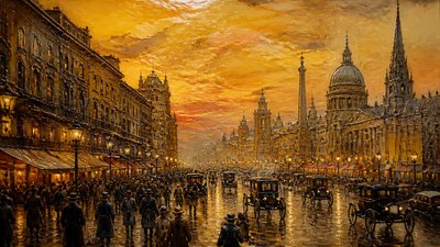 bustling city street panorama at dusk