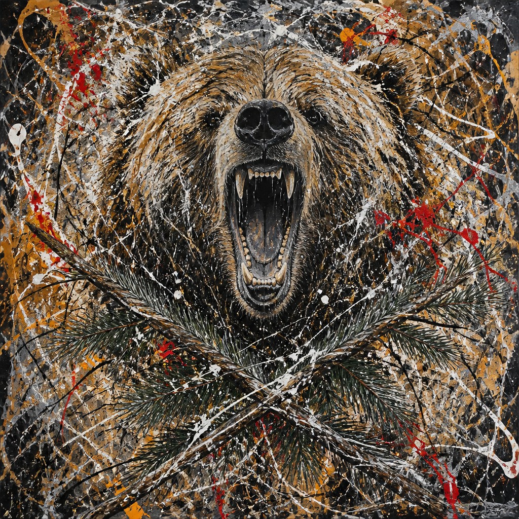 a roaring bear head above crossed pine branches, bold graphic composition on a plain background, no text