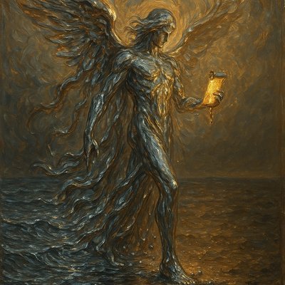 A majestic celestial being made of flowing quicksilver and molten gold, standing tall, liquid metal. The entity holds a small glowing scroll. The angel's form is fluid and constantly shifting. The right foot is submerged in the ocean, but the ocean is made of liquid chrome, and the leg creates ripples that blend perfectly with the water, indistinguishable from the sea. The left foot plants firmly on the earth, the liquid metal form solidifying into structure as it touches the ground, heavy droplets of silver splashing onto the soil. High contrast, ray tracing, volumetric lighting, fluid simulation