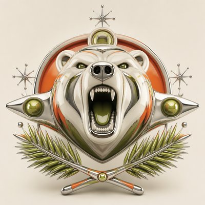 a roaring bear head above crossed pine branches, bold graphic composition on a plain background, no text