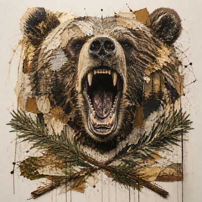 a roaring bear head above crossed pine branches, bold graphic composition on a plain background, no text