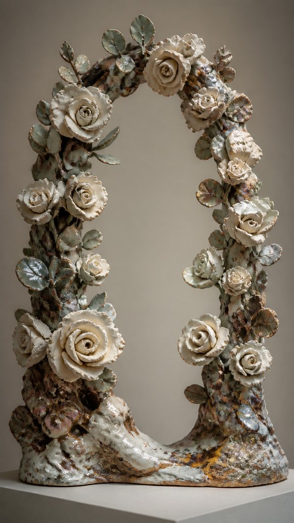 an arch of white roses and eucalyptus in soft morning light, elegant vertical composition with open space, no text