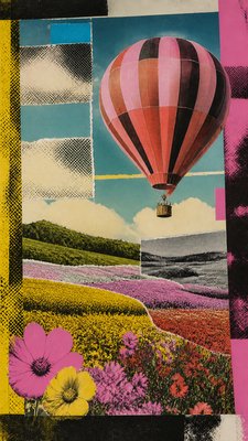 a hot air balloon drifting over rolling flower fields on a sunny day, cheerful, no text