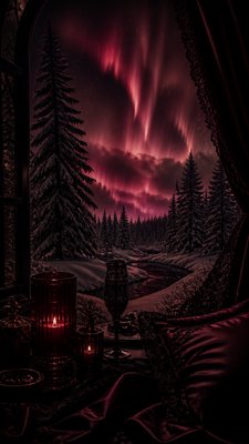 a snowy pine forest under the northern lights, no people