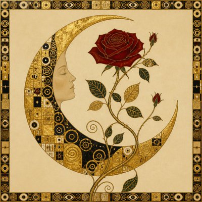 a rose entwined with a crescent moon, clean balanced composition on a plain background, no text