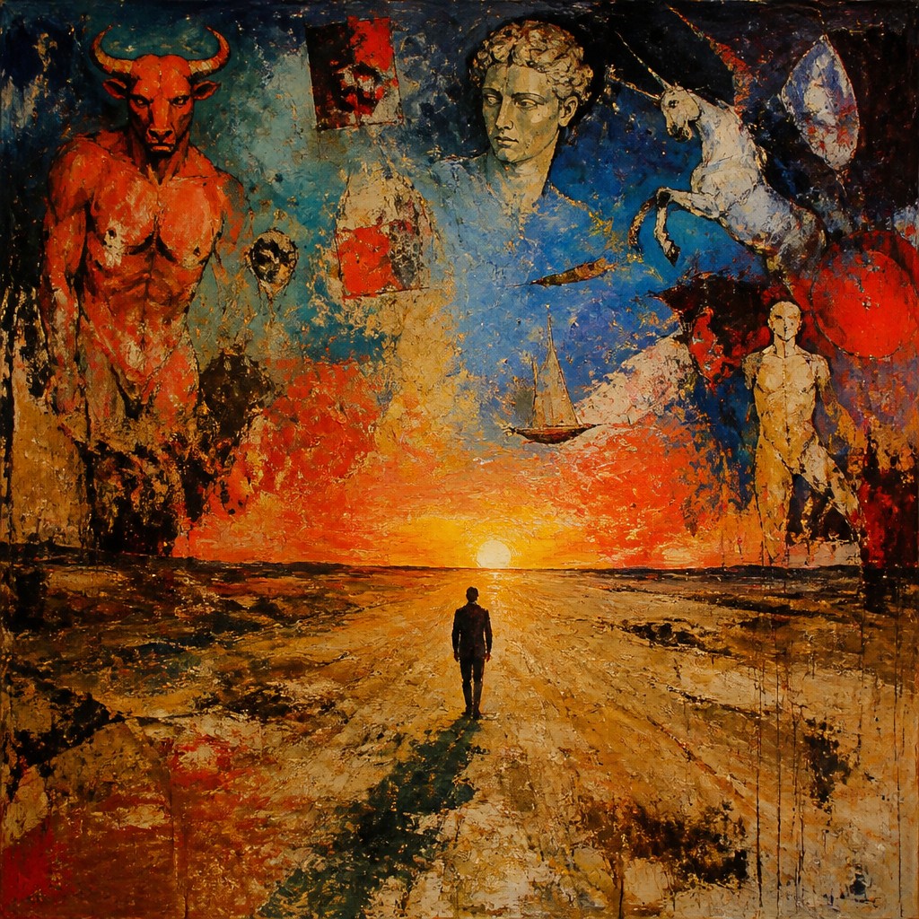 a solitary figure walking toward a glowing horizon across an empty plain, moody atmosphere, no text or lettering