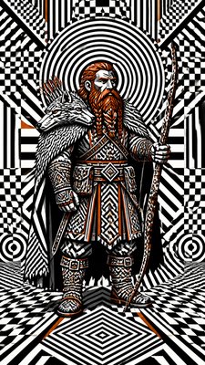full-body original character: a dwarven ranger with a braided auburn beard, worn leather armor, a longbow and a wolf-pelt cloak, neutral background, no text