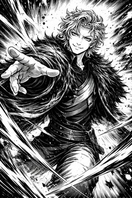 a black and white drawing of a man with a sword