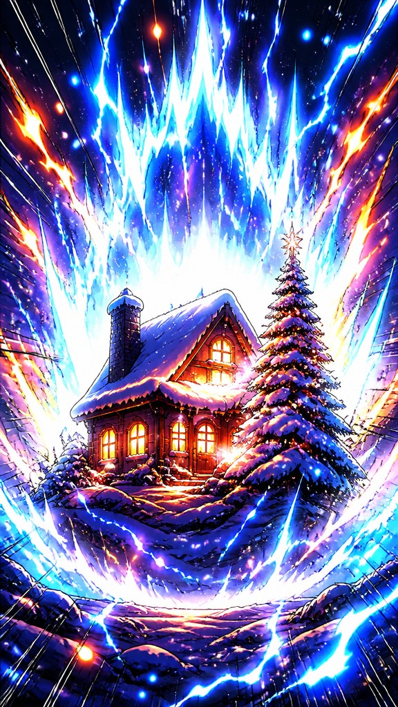 a snow-covered cottage with warm glowing windows beside a decorated pine tree, gentle snowfall, no text