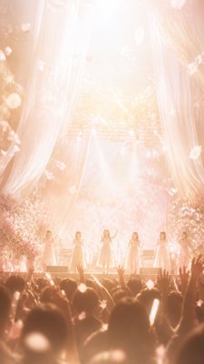 a live music scene with a glowing stage and silhouetted crowd, energetic vertical composition with open space at the top, no text