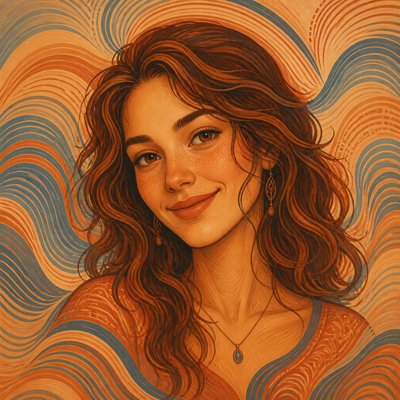 head-and-shoulders portrait of an original character: a young woman with wavy chestnut hair and a warm smile, plain soft backdrop
