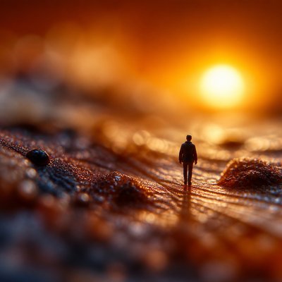 a solitary figure walking toward a glowing horizon across an empty plain, moody atmosphere, no text or lettering