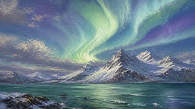 a flowing aurora over snowy peaks, wide sweeping composition, no people, no text