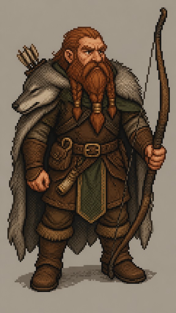 full-body original character: a dwarven ranger with a braided auburn beard, worn leather armor, a longbow and a wolf-pelt cloak, neutral background, no text