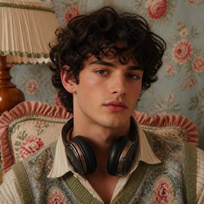 head-and-shoulders portrait of an original character: a young man with curly dark hair and headphones around his neck, plain backdrop, no text