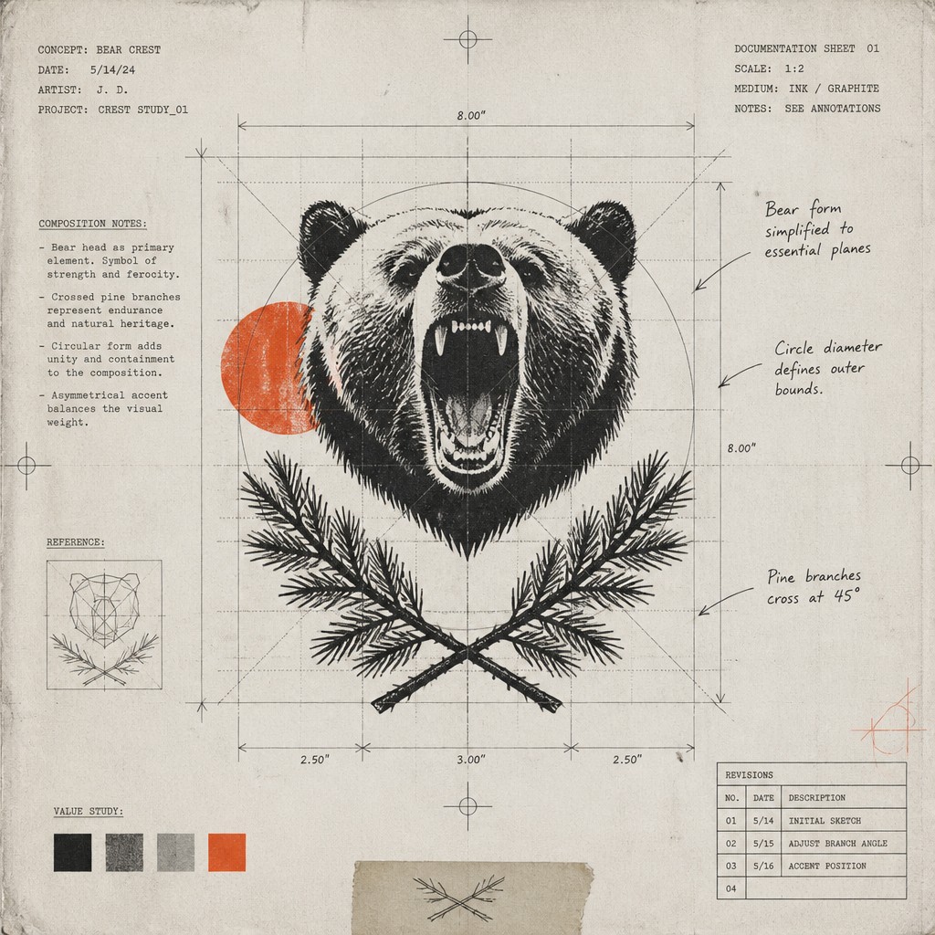 a roaring bear head above crossed pine branches, bold graphic composition on a plain background, no text