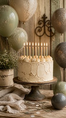 a birthday cake with lit candles surrounded by balloons and confetti, festive vertical composition, no text