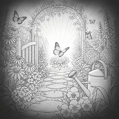 a garden scene with butterflies, flowers and a watering can, clean uncolored line art, no text