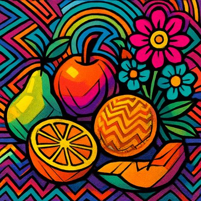 still life arrangement of fruits and flowers