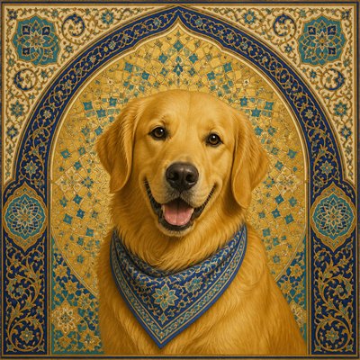 portrait of a golden retriever wearing a blue bandana, warm plain backdrop, no text
