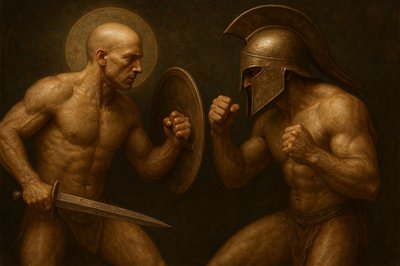 a painting of two men in armor holding a sword