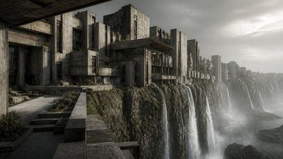 a cliffside city with waterfalls cascading into a misty canyon, wide establishing shot, no people, no text