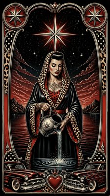 a robed figure pouring water beneath a large eight-pointed star in a night sky, symmetrical composition with an ornate decorative border, no text