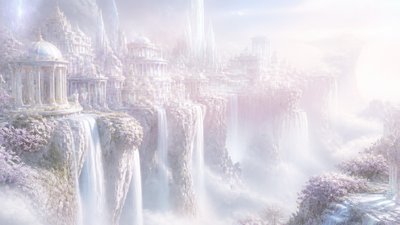 a cliffside city with waterfalls cascading into a misty canyon, wide establishing shot, no people, no text