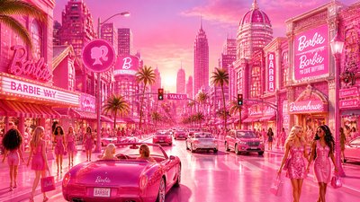 bustling city street panorama at dusk