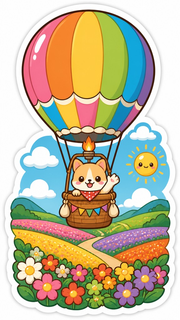 a hot air balloon drifting over rolling flower fields on a sunny day, cheerful, no text