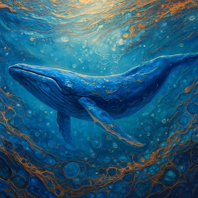 A hyper-realistic blue whale, majestic and mysterious, gliding gracefully through a surreal ocean scene. Its massive, sleek body glows with deep blues and silvers, illuminated by soft sunlight streaming through the ocean's surface. Surrounding it are glistening, delicate bubbles, sparkling like jewels in the light. The water shimmers with ethereal clarity, blending realism with a dreamlike atmosphere, capturing the whale's awe-inspiring beauty and enigma. 