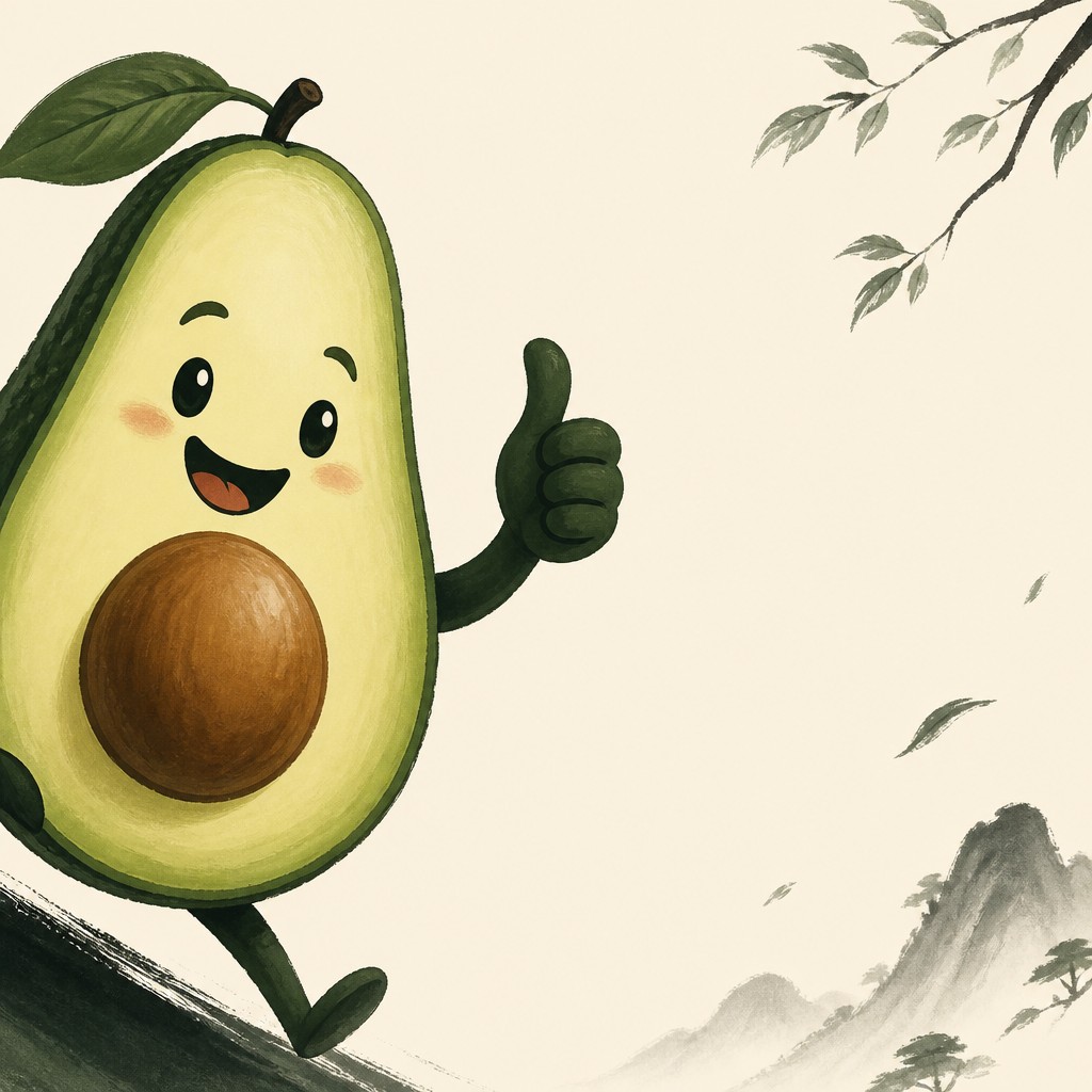 a happy avocado character giving a thumbs up, bold readable design on a plain background, no text