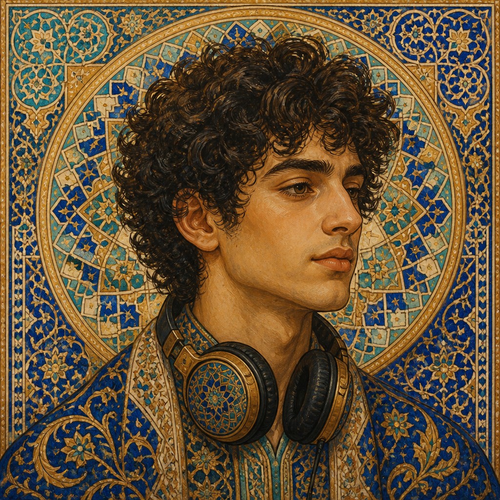 head-and-shoulders portrait of an original character: a young man with curly dark hair and headphones around his neck, plain backdrop, no text