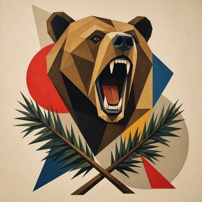 a roaring bear head above crossed pine branches, bold graphic composition on a plain background, no text