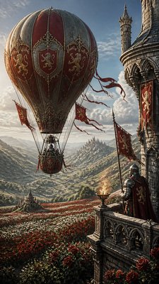 a hot air balloon drifting over rolling flower fields on a sunny day, cheerful, no text