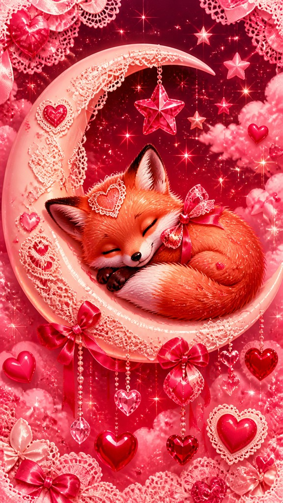 a sleeping baby fox curled on a crescent moon among soft stars, gentle and warm, no text