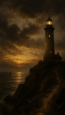 a lone lighthouse on a cliff at dusk under a dramatic sky, no text or lettering