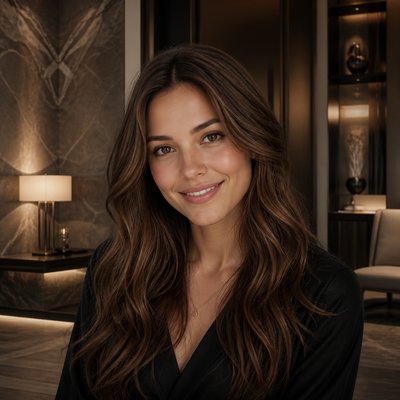 head-and-shoulders portrait of an original character: a young woman with wavy chestnut hair and a warm smile, plain soft backdrop