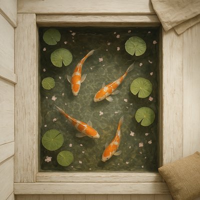 A koi pond seen from above, orange and white koi fish swimming among lily pads, clear water with subtle ripples, fallen cherry blossom petals floating on the surface, dappled sunlight