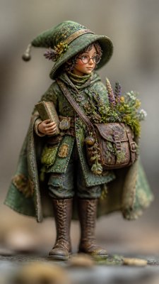 full-body original character: a wandering botanist with a satchel of plants, a patched green cloak, tall boots and round glasses, neutral background