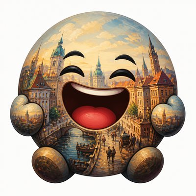 an exaggerated laughing face of an original round mascot character, bold and readable at small size, plain background, no text