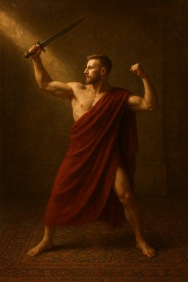 a painting of a man with a sword